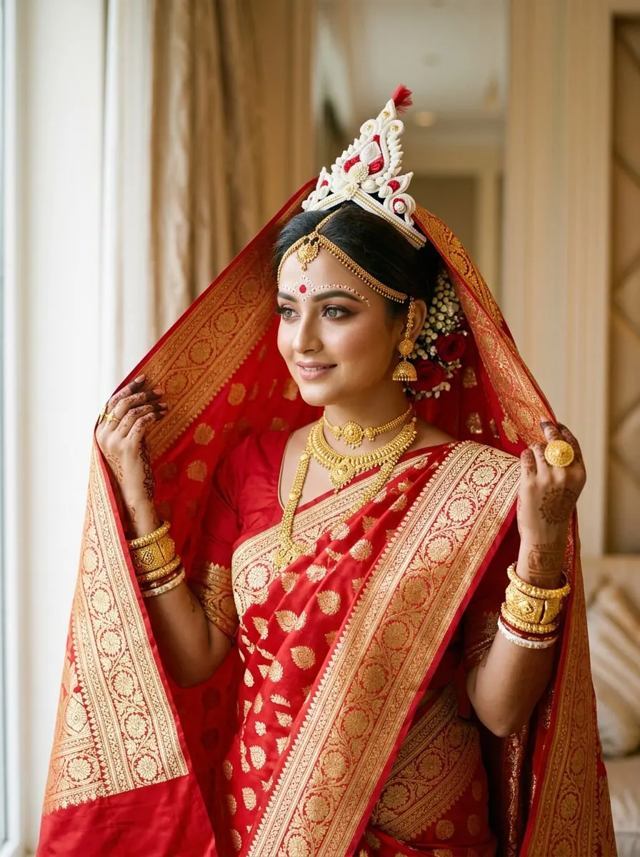 Bengali bride in a red Banarasi silk saree with a white shola mukut crown, chandan forehead decoration and gold jewellery, holding the pallu over her head