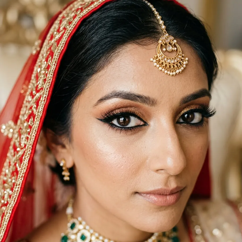 Extreme close-up of an Indian bride’s eyes with bronze and gold eyeshadow, winged kohl liner and a gold maang tikka