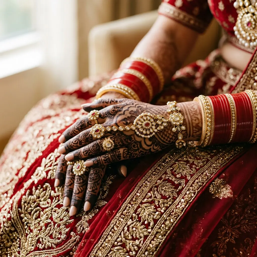 Close-up of an Indian bride’s hands with intricate mehendi, kundan rings, a haathphool hand chain and red bangles resting on an embroidered lehenga