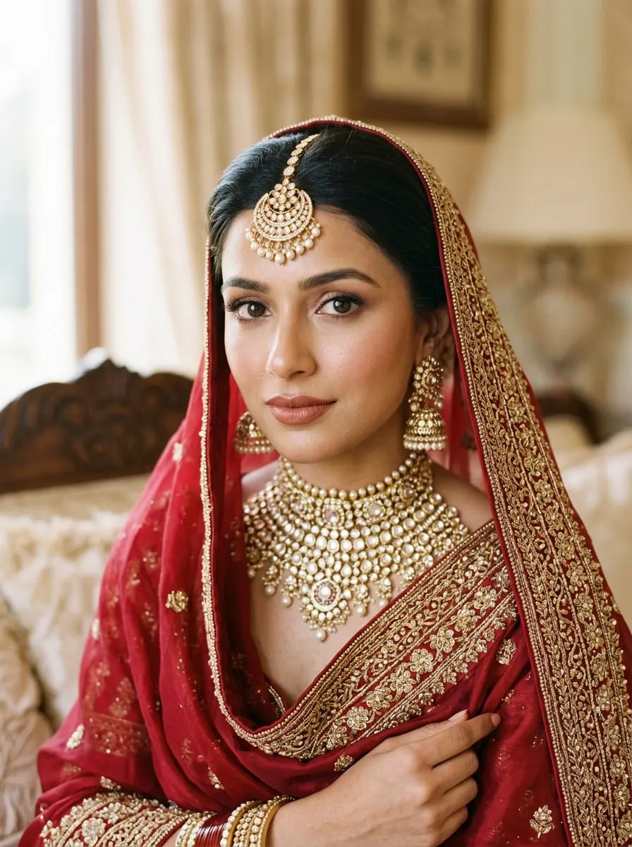 Close-up bridal portrait of an Indian bride wearing a kundan and polki choker, maang tikka and jhumka earrings, framed by a red dupatta