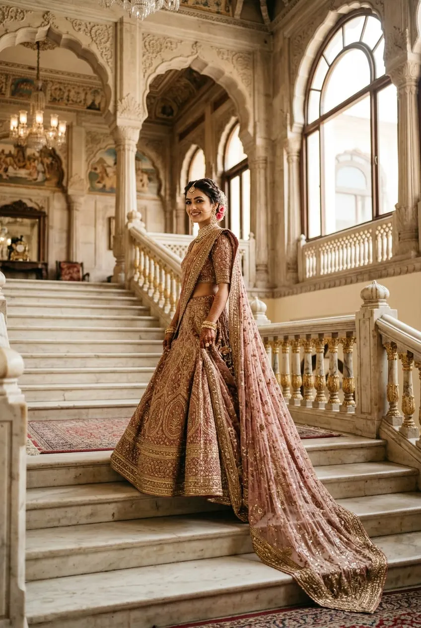 Full-length portrait of an Indian bride in an antique-rose and gold lehenga with a long trailing dupatta on a marble palace staircase