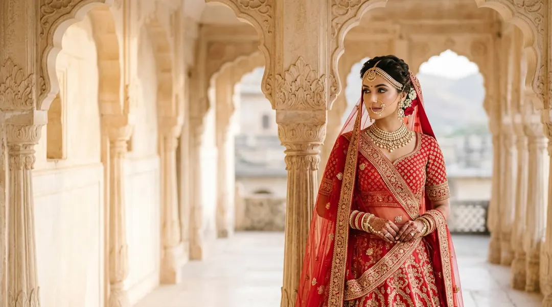 Indian bride in a red embroidered bridal lehenga and sheer red dupatta with kundan choker, maang tikka and nath, standing beside carved sandstone palace arches