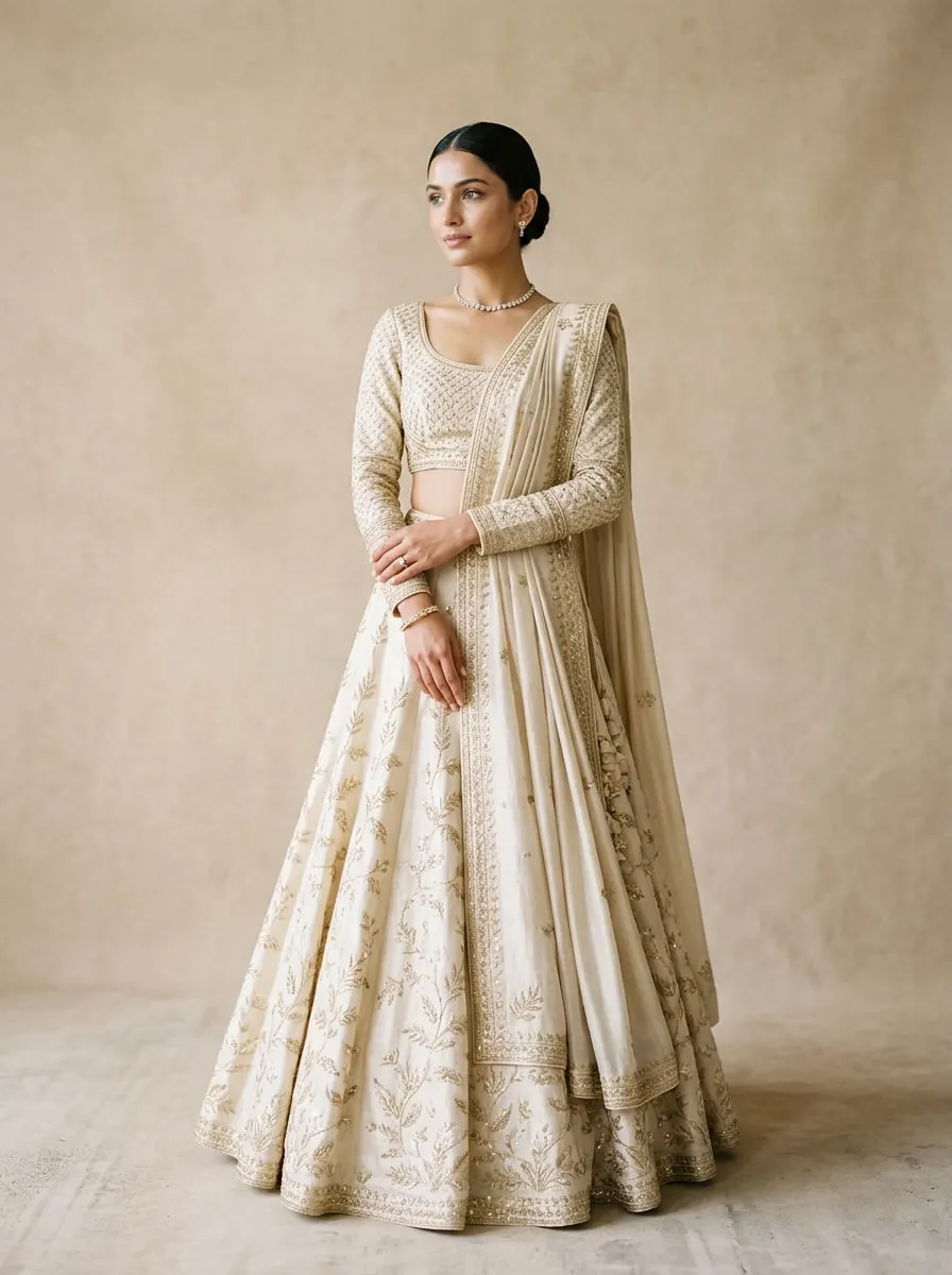 Minimal modern Indian bride in an ivory and gold lehenga with a delicate diamond choker against a warm beige studio backdrop