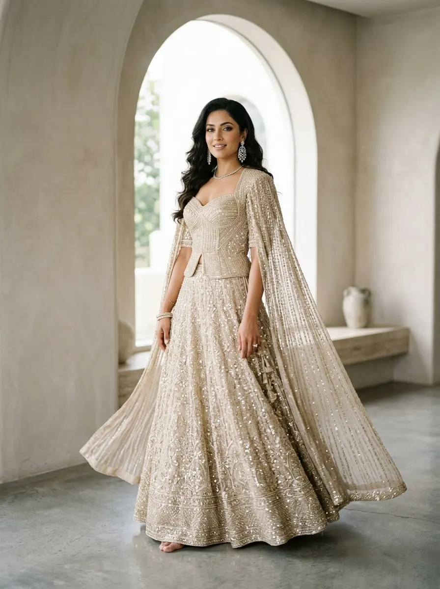 Modern Indian bride in a champagne gold sequinned lehenga with cape dupatta and diamond statement earrings in a minimalist studio with arched window light