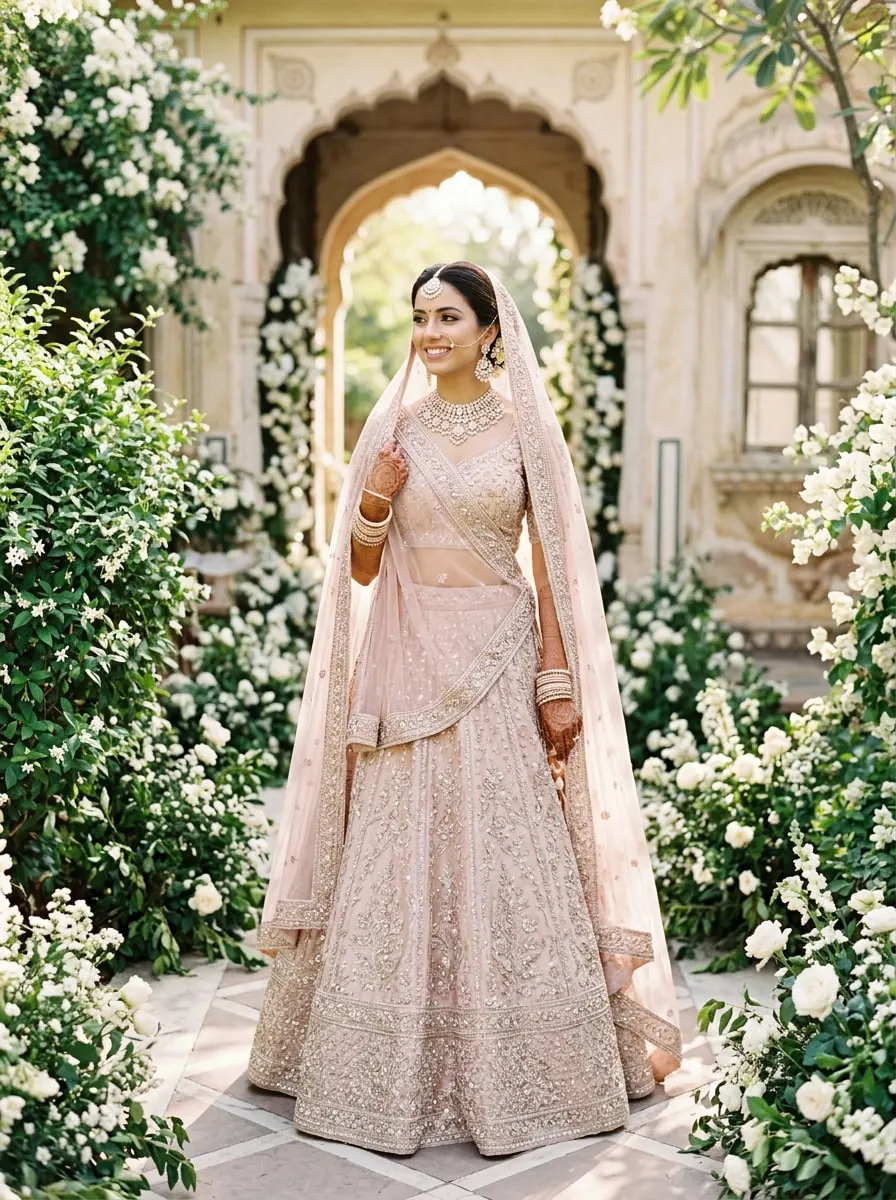 Indian bride in a blush pink pastel lehenga with pearl embroidery and soft net dupatta in a sunlit garden courtyard