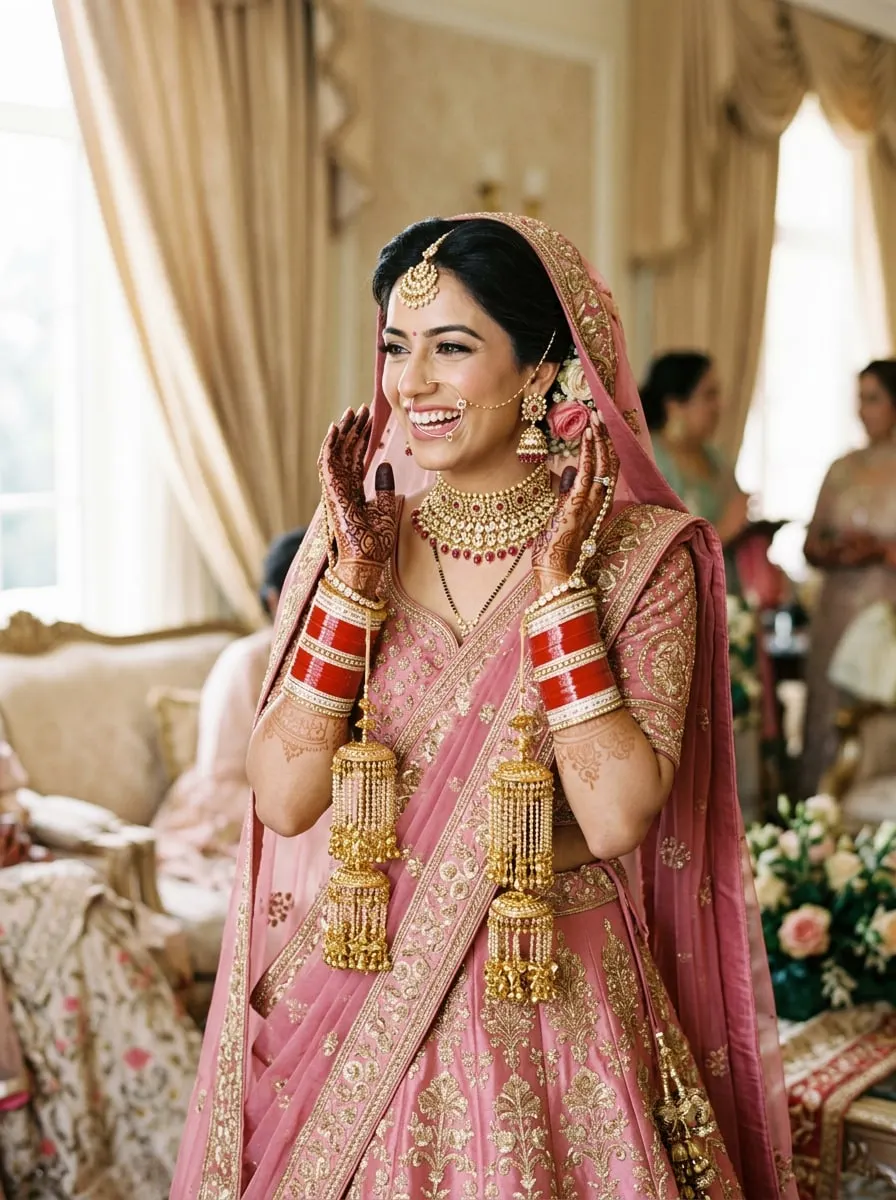Smiling Punjabi bride in a rose-pink lehenga wearing a red bridal chooda and golden kaleere, raising her mehendi-adorned hands near her face
