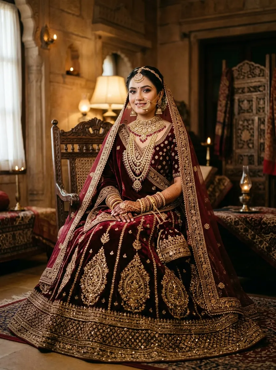 Royal Indian bride in a maroon velvet lehenga with gold embroidery and layered gold necklaces, seated on a carved antique chair in a heritage haveli