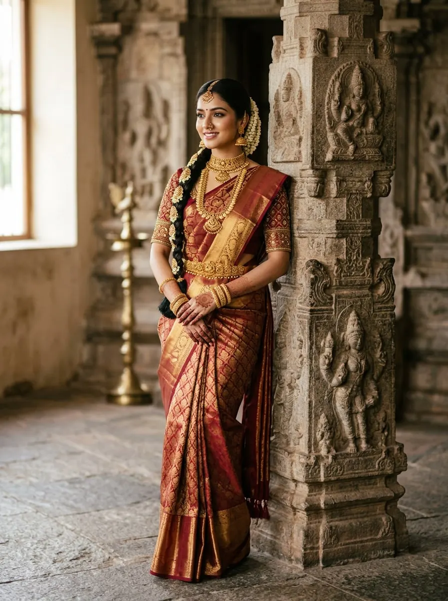 South Indian bride in a red and gold Kanjeevaram silk saree with gold temple jewellery and jasmine flowers in her braided hair, beside a carved stone pillar